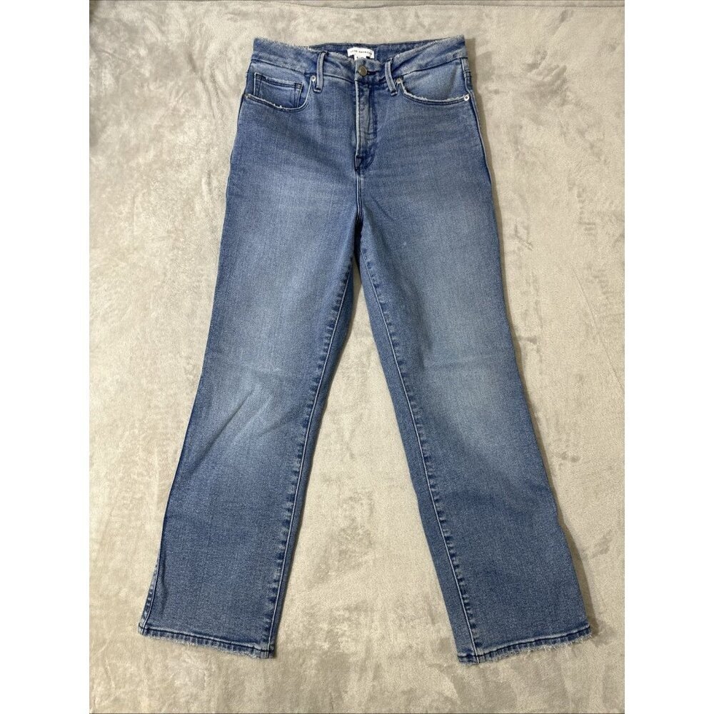 Good American High Rise Straight Leg Jeans Light Wash Raw Hem Women’s 6 28
